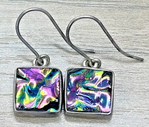 Sterling 925 Dichroic Art Glass Crinkle Rainbow Square Dangle Hook Earrings VTG - Picture 1 of 10
