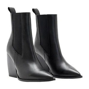 Allsaints Boots Women EU 38 US 7 Black Ria Leather Ankle Booties Pull On Pointed - Picture 1 of 12