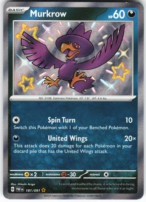 Murkrow 181/091 Pokemon SV: Paldean Fates Holo Shiny Rare NM - Image 1 of 2