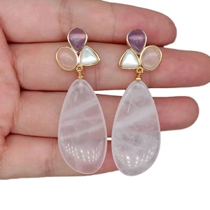 Natural Pink Rose Quartz Amethyst White Shell Dangle Stud Earrings - Picture 1 of 10