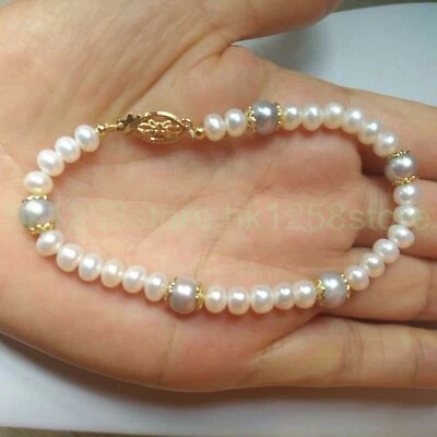 Popular Natural AAA+ Akoya White Gray Pearl Bracelet 7.5-8" 14k Gold Plated - Image 1 of 4