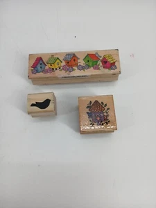 (Lot Of 3) Bird Houses & Bird Rubber Stamper PreOwned - Picture 1 of 4