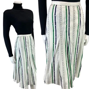 VINTAGE 70s 80S WHITE GREEN STRIPE HORSE SHOE CHAIN MIDI SWING SKIRT S 8 10 S - Picture 1 of 5