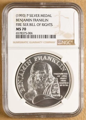 (1993) P Benjamin Franklin Silver Medal 'Fire Service Bill of Rights' NGC MS70 - Image 1 of 2