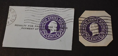 2- 1932 US Stamps Scott #U437 3 Cent Washington Embossed Cover Cuts - Image 1 of 3