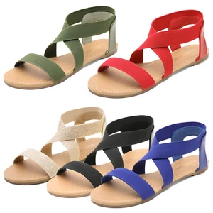 Women Casual Flat Sandals Elastic Ankle Strap Gladiator Beach Flat Sandals - Picture 1 of 26