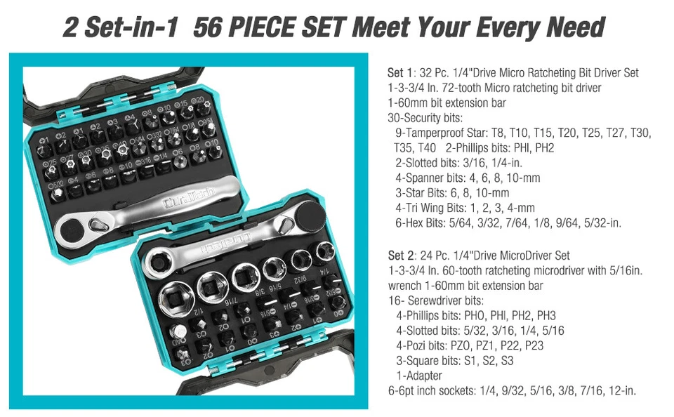 DURATECH 56PC1/4"Mini Ratchet Wrench&Screwdriver Bit Set 2Set-in-1w/Storage Case - Image 1 of 4