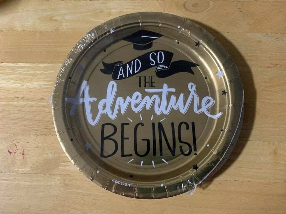 3 x Graduation Plates, Pk of 8 Gold And so the Adventure Begins, 7 inch Total 24 - Image 1 of 1