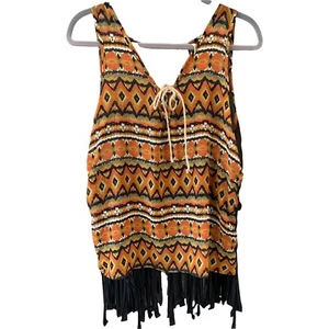 Buckle BKE Sheer Tank Top Boho Fringe Aztec Braided Back & Fringe Womens Large - Picture 1 of 10