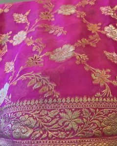Banaras Candy Pink georgette zari work saree in Yellow Handwork stitched blouse - Picture 1 of 12