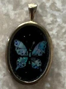 Gold Filled 925 Black Onyx & Opal Inlay Butterfly Oval Pendant - Picture 1 of 2