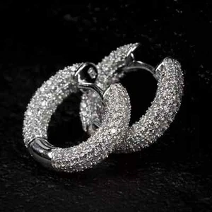 2.00 CT Real Moissanite Men's Hoop Huggie Earring's 14K White Gold Plated Silver - Picture 1 of 4