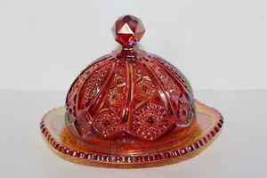 Vintage INDIANA Glass Heirloom Series IRIDESCENT Sunset Red HOBSTAR Butter Dish - Picture 1 of 7