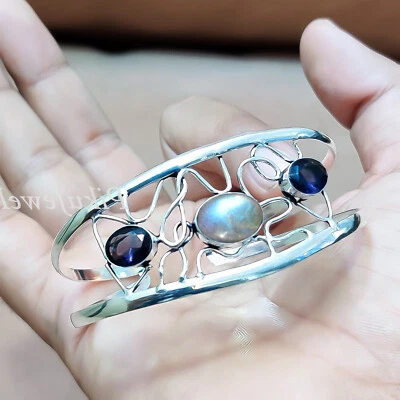 Labradorit & facettierter Amethyst Edelstein 925 Sterling Silber Unisex Armre... - Bild 1 von 4