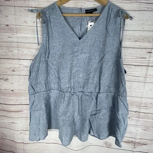 Lane Bryant Womens Sleeveless Blouse 26/28 Blue Linen Blend Tie Shoulders NWT - Picture 1 of 18