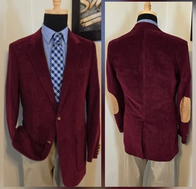 VTG Ah! Austin Hill Red Corduroy Blazer Mens 38L Elbow Patch Sports Coat Jacket - Image 1 of 4
