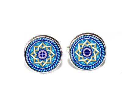 Chakra Zen Blue Pattern - Handmade Round Glass Metal Cufflinks Father's Day Gift - Image 1 of 3