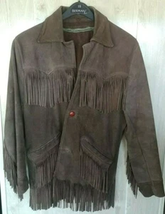 Chaqueta Occidental Vintage Años 70 Cuero de Gamuza Marrón con Flecos Hippie Grande - Imagen 1 de 5