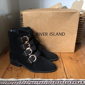 New River Island Ankle Boots Black UK 5 EU 38 Suede Leather Zip Up Buckle £60 - Picture 1 of 11
