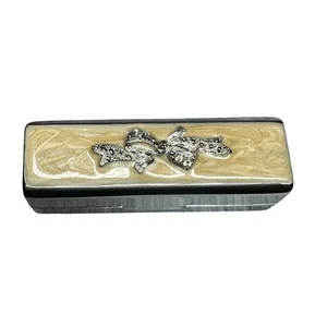 Vintage Metall Lippenstift Etui Schmuck Schleife gelb Strass Band Schleife Spiegel - Bild 1 von 17