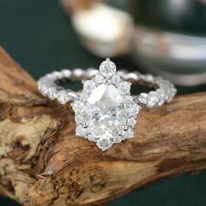 2.50 Ct Pear Shape Diamond Halo Engagement Wedding Ring 14K White Gold Finish - Picture 1 of 9