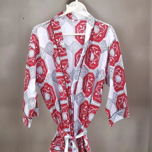 Indian Handmade Floral Block Printed Cotton Kimono Red Dressing Gown Bath Robe - Picture 1 of 3