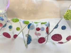 GLITTERBALLS dot spot Fucshia Lime Blue sheer - Luxury Wire Edge Ribbon - 2m - Picture 1 of 4