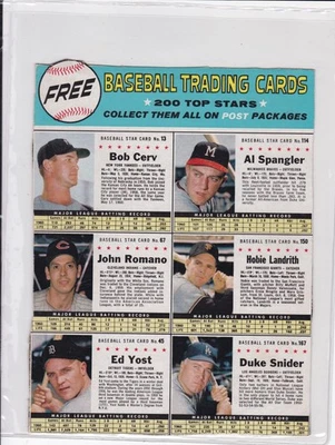 PD: 1961 Post Cereal Béisbol Seis Tarjetas Panel Sin Cortar - Duke Snider, Cerv, Yost Foto 1 de 2