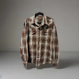 Stetson Western Long Sleeve Shirt Mens XL Brown Blue Plaid Pearl Snap Cowboy - Picture 1 of 15