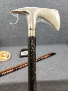 Vintage Aluminum Axe Head Handle Victorian Wooden Walking Stick Cane Father Gif - Picture 1 of 8