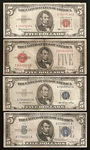 $5 FIVE DOLLAR US CURRENCY *4* NOTE SET / COLLECTION 1928, 1934, 1953, & 1963 - Picture 1 of 2