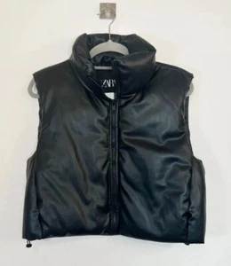 Zara Gilet Black Faux Leather Cropped Puffer Padded Zip Up Pockets Size M - Picture 1 of 10