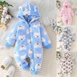 Cute Newborn Baby Boys Fleece Teddy Bear Hooded Romper Jumpsuit Outfit Clothes - Picture 1 of 26