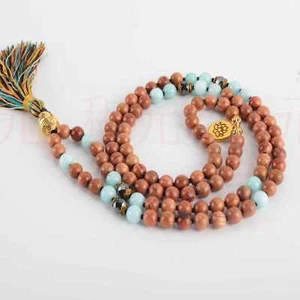 6mm 108 knot Natural Sandalwood Aquamarine Tassel Necklace Men Spiritual Unisex - Imagen 1 de 7