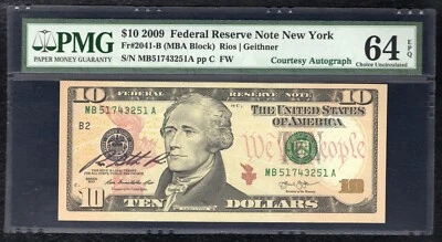 FR. 2041-B 2009 $10 FRN “TREASURER COURTESY AUTOGRAPH” PMG UNCIRCULATED-64EPQ - Image 1 of 2