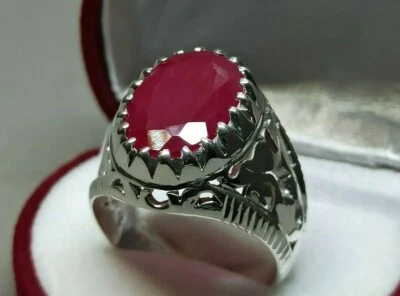 Oval Cut Dark Red Ruby Mens Star Ring Sterling Silver 925 Handmade Yaqoot Ring - Image 1 of 4