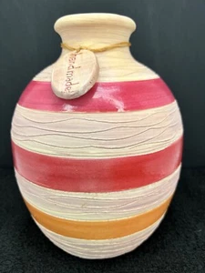 Late 20th Century Orange & Dark Pink Etched Striped Ceramic Vase - 8" - Picture 1 of 8