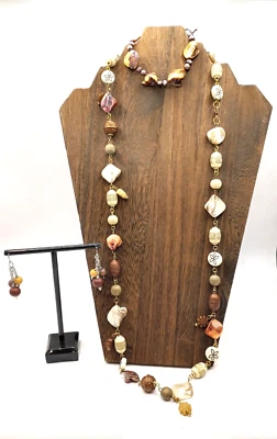 Boho Style Shell & Wood Bead Necklace & Shell Bracelet with Wood  Earrings Set - Image 1 of 4