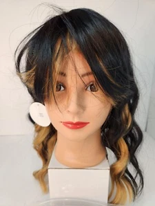 NEW 14" BLACK w Blonde Highlights Wavy BOB WIG Bangs curl twist short cosplay - Picture 1 of 6