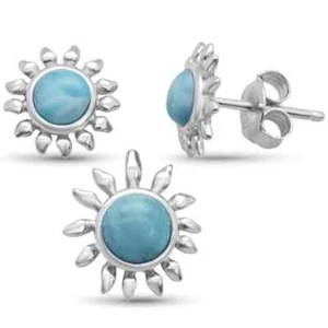 Round Natural Larimar Sunflower Earring & Pendant .925 Sterling Silver Set - Picture 1 of 2