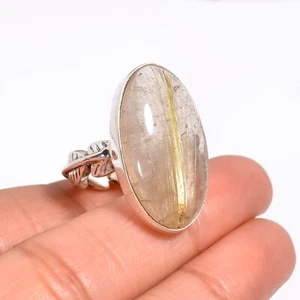 Natural Golden Rutilated Quartz Ring  ,925 Sterling Silver Handmade Unisex Ring - Picture 1 of 3