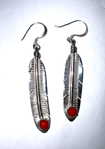 Southwestern Sterling Silver 925 Red Coral Feather Earrings 2.5 Inches - Picture 1 of 3