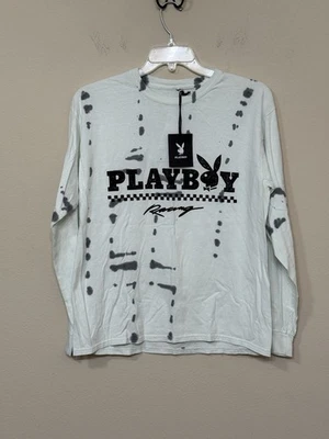 Camiseta Playboy Hombre Blanca y Negra Tie Dye Manga Larga Cuello Redondo Envejecida M Foto 1 de 4