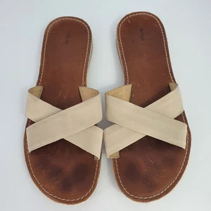 OluKai Ke'a Leather Criss Cross Tan Sandals Slides Vacation Travel Beach Size 10 - Picture 1 of 8