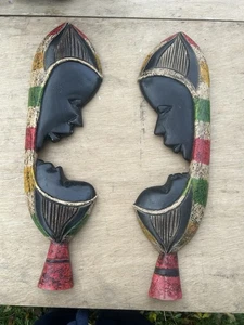 African Vintage Pair / Set of 2 Ghana Wooden Mother & Child Wall Panels - Picture 1 of 7