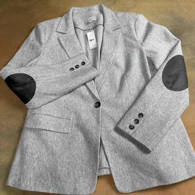NWT LOFT  Women’s Blazer Herringbone Gray Knit Elbow Patch Sz 14 100% Cotton - Image 1 of 4