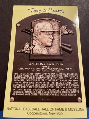 Tony LaRussa Signed Gold HOF Plaque Postcard Yellow Chicago Cubs Autograph JSA - Image 1 of 4