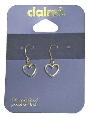 18k Gold Plated Heart Shaped Earrings By Claire's Dangle Pierced NEW Love - Image 1 of 2