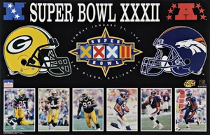 1998 SB XXXII Dueling Helmets Packers- Broncos Starline Poster OOP Favre & Elway - Picture 1 of 1