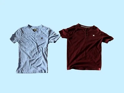 Hurley 男孩 8/10 小批量 2 件衬衫蓝色勃艮第 90% 聚 10% 棉预穿 — 第 1/4 张图片